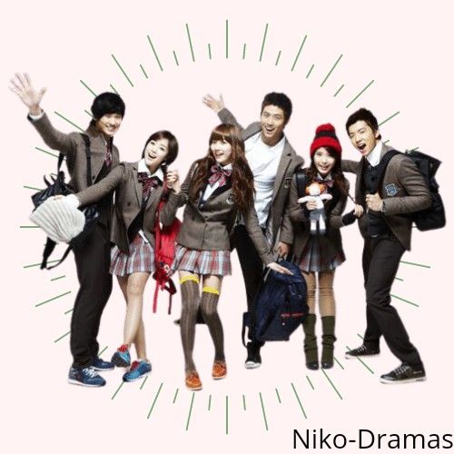 Six young people in school-style outfits posing together in a promotional group photo