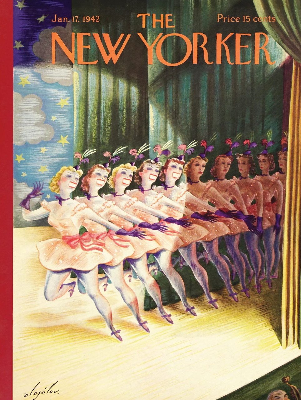 Vintage illustration of ballet dancers in white tutus performing in synchronized line on stage