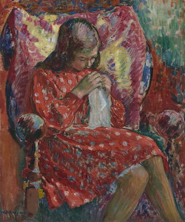 Girl in red dress sewing in floral chair, impressionist painting