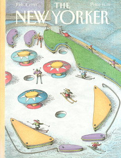 New Yorker magazine cover showing skiers navigating a snow slope styled as a pinball machine with bumpers and flippers