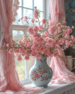 Pink Flowers in Porcelain Vase