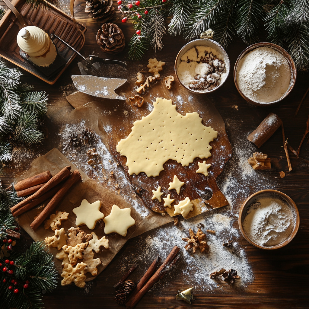 Christmas cookie baking scene with tree-shaped dough, star cookie cutters, flour, and pine branches on wooden table