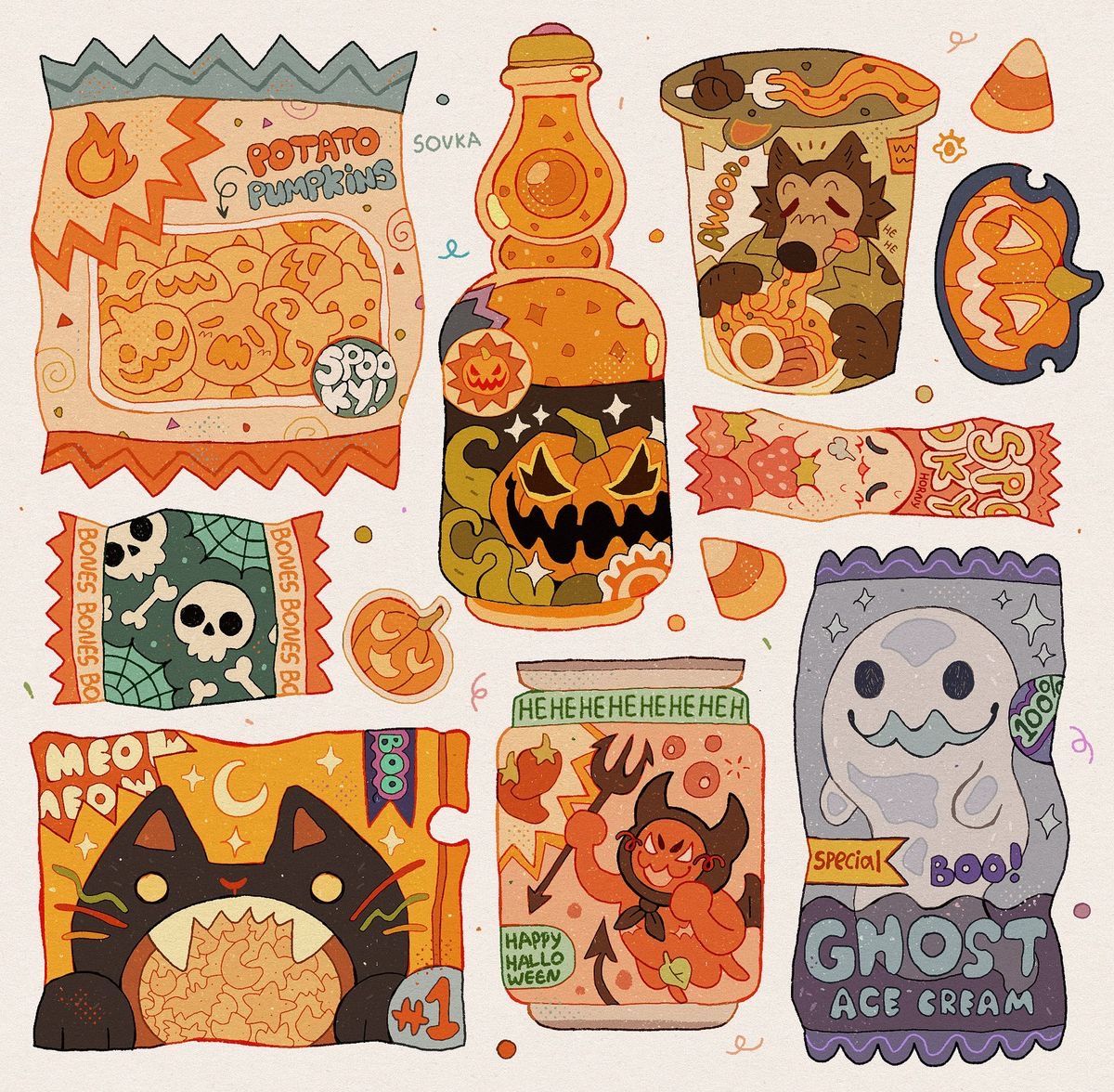 Illustrated collage of Halloween snack wrappers, candy, a pumpkin bottle, and ghost ice cream