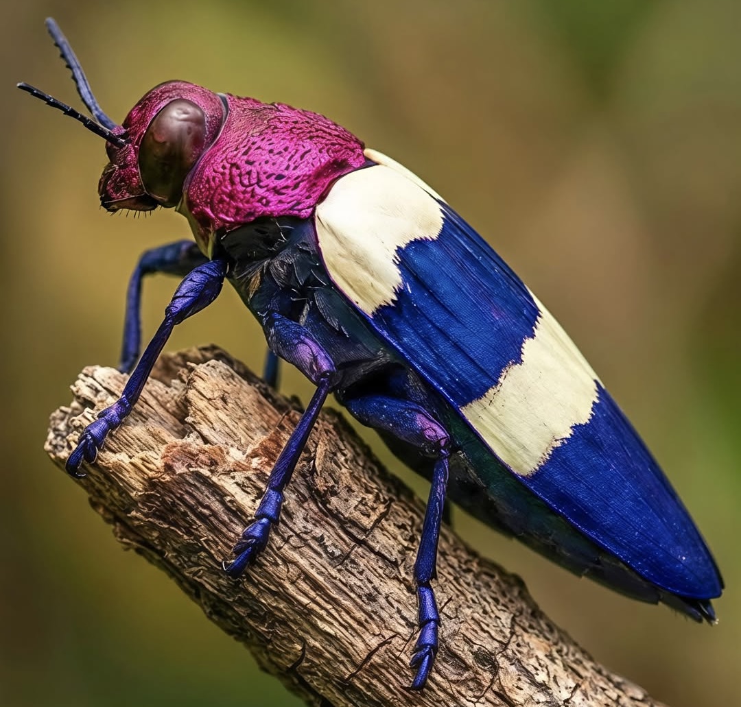 Close-up of a colorful beetle on a rough branch against a blurred background
