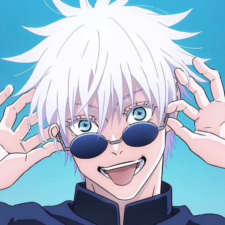 Anime character with white spiky hair and sunglasses smiling with hands raised, blue background