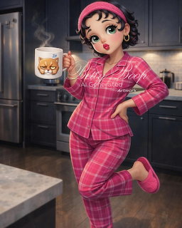Cartoon Betty Boop-style girl in pink plaid pajamas holding a coffee mug in a kitchen