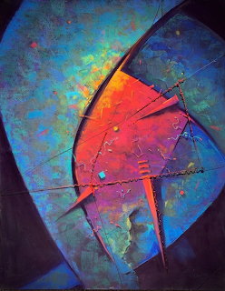 Abstract geometric art with blue background, orange and pink angular shapes, and textured pastel colors
