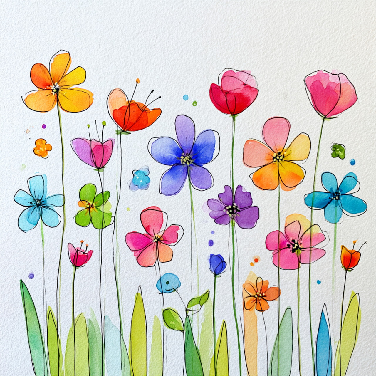 Watercolor painting of colorful wildflowers with thin stems on light background