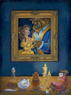 Disney illustration of Belle and Beast in a gold frame with Lumiere, Cogsworth, Mrs. Potts and Chip below