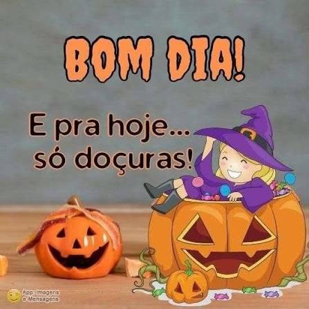 Cartoon witch girl in a pumpkin with Halloween jack-o'-lanterns and 'Bom Dia!' text in Portuguese