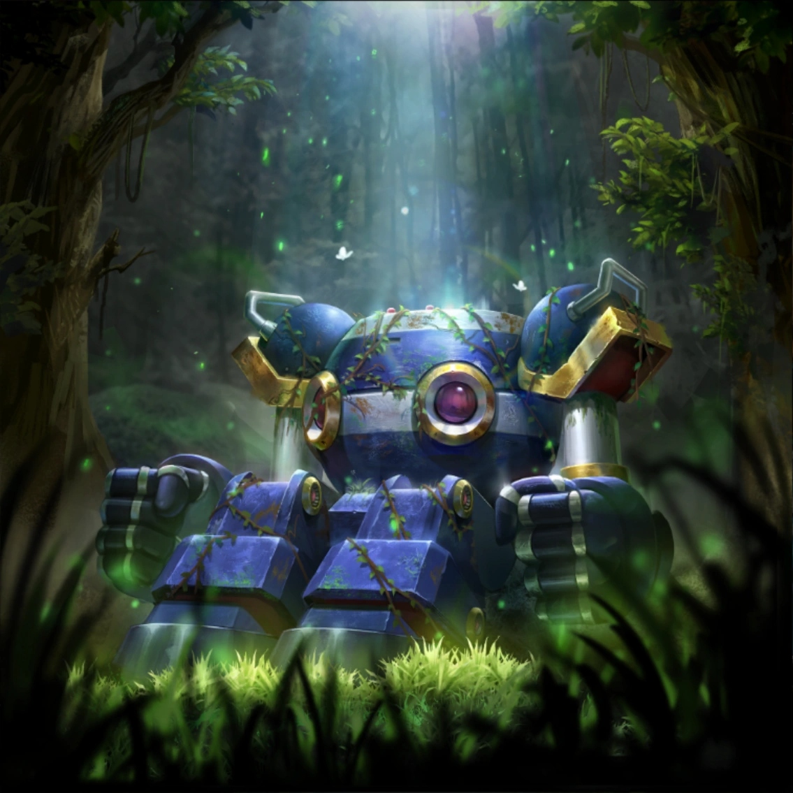 Blue robot armor in a forest clearing with sunbeams shining through the trees