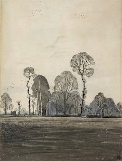 Monochrome artwork of tall trees along a dark field beneath a pale sky