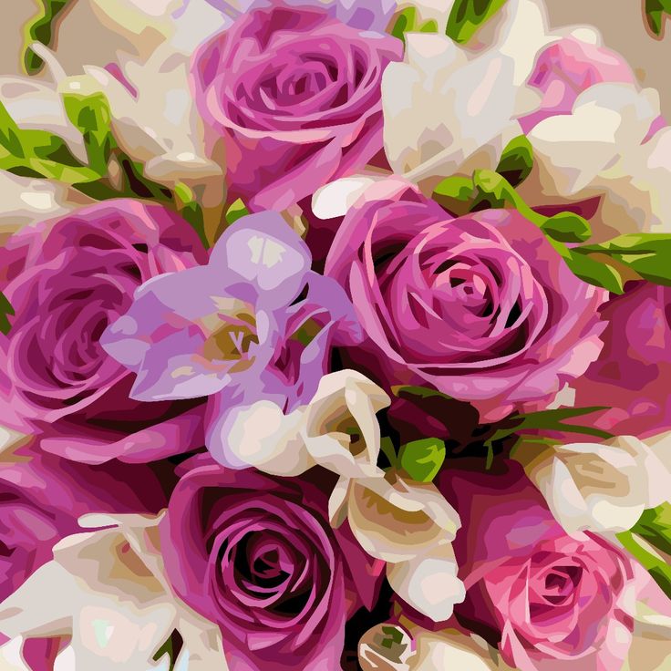 Painterly bouquet of pink roses and white flowers in close-up