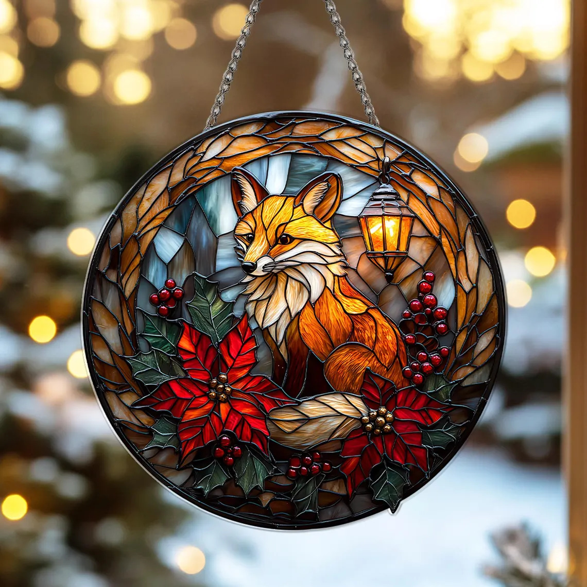 Stained glass circular suncatcher with a fox, poinsettias, holly, and a lantern in a Christmas wreath