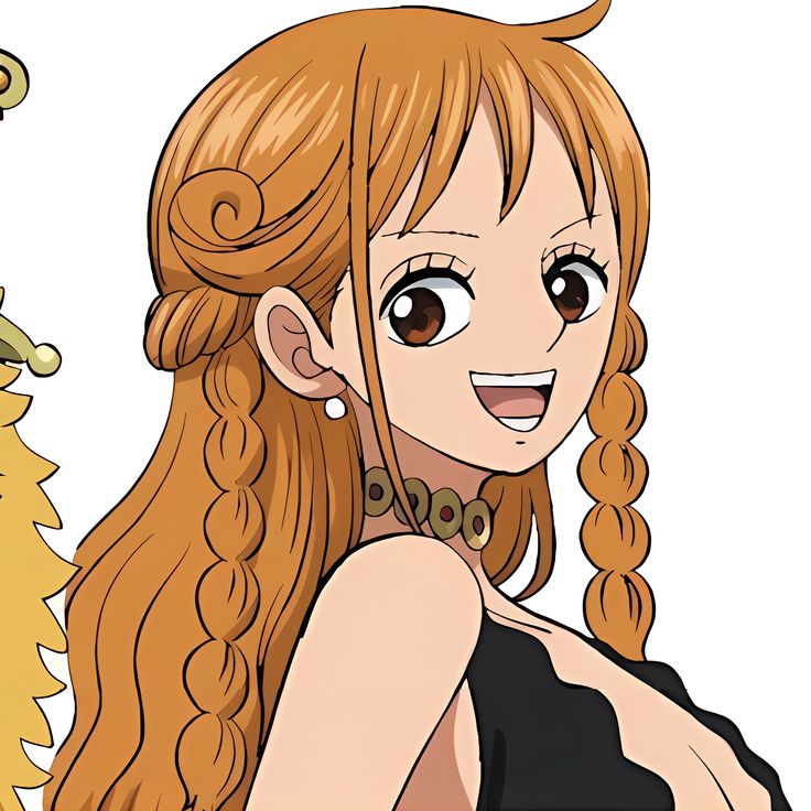 Anime girl with orange braided hair and large eyes smiling, wearing black top