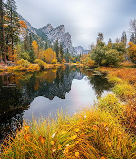 Yosemite Valley granite cliffs reflected in calm river with autumn foliage in foreground