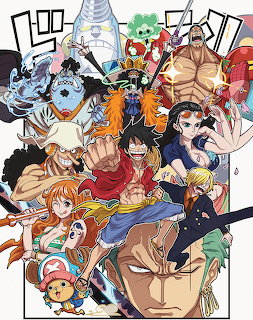 Colorful One Piece anime collage showing Straw Hat Pirates characters including Luffy, Zoro, Nami and crew members