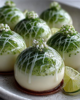 Round white desserts with green drizzle and white chocolate spheres, garnished with lime wedges on gray plate