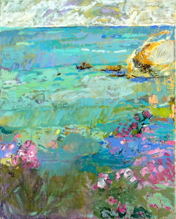 Impressionist painting of turquoise ocean with pink wildflowers along rocky coast