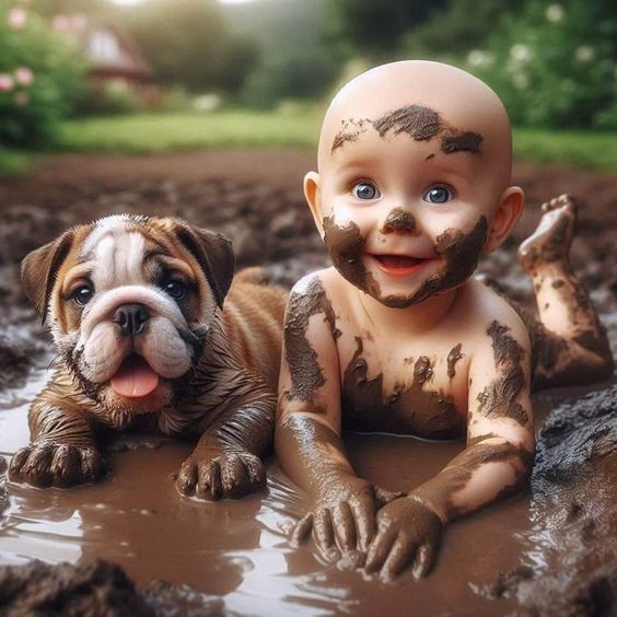 Smiling baby and bulldog puppy covered in mud, playing in a muddy puddle outdoors