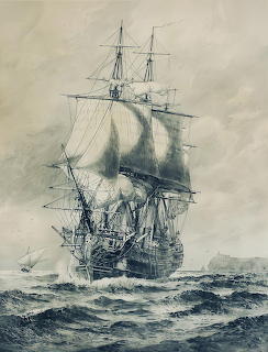 Monochrome drawing of an old sailing ship on choppy sea