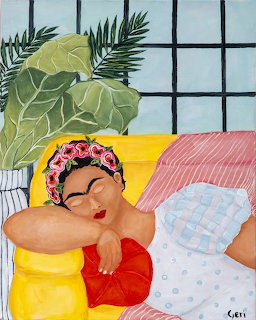 Painting of a reclining woman on a yellow sofa with flowers in her hair, tropical leaves, and a window behind her