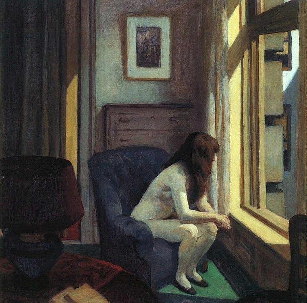 Woman in white seated by sunny window in dimly lit room, oil painting