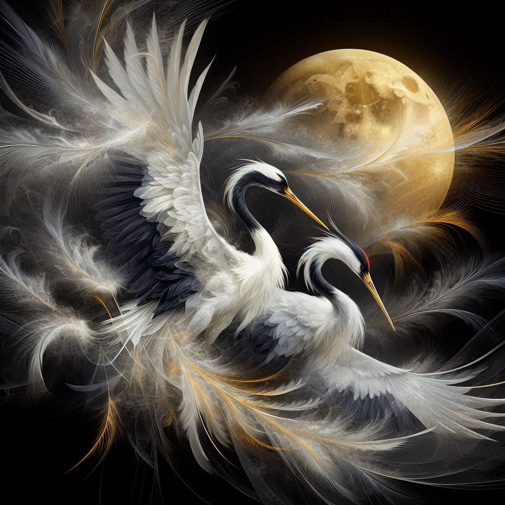 Two white swans with elaborate flowing feathers in front of a large golden full moon against a dark sky