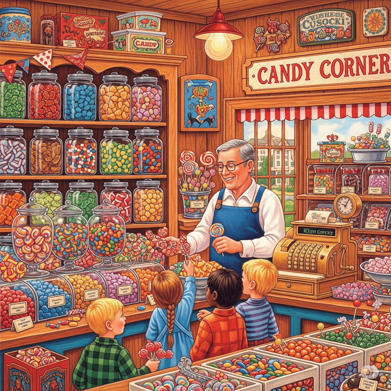 Illustrated vintage candy store with a shopkeeper serving children beside shelves of colorful sweets