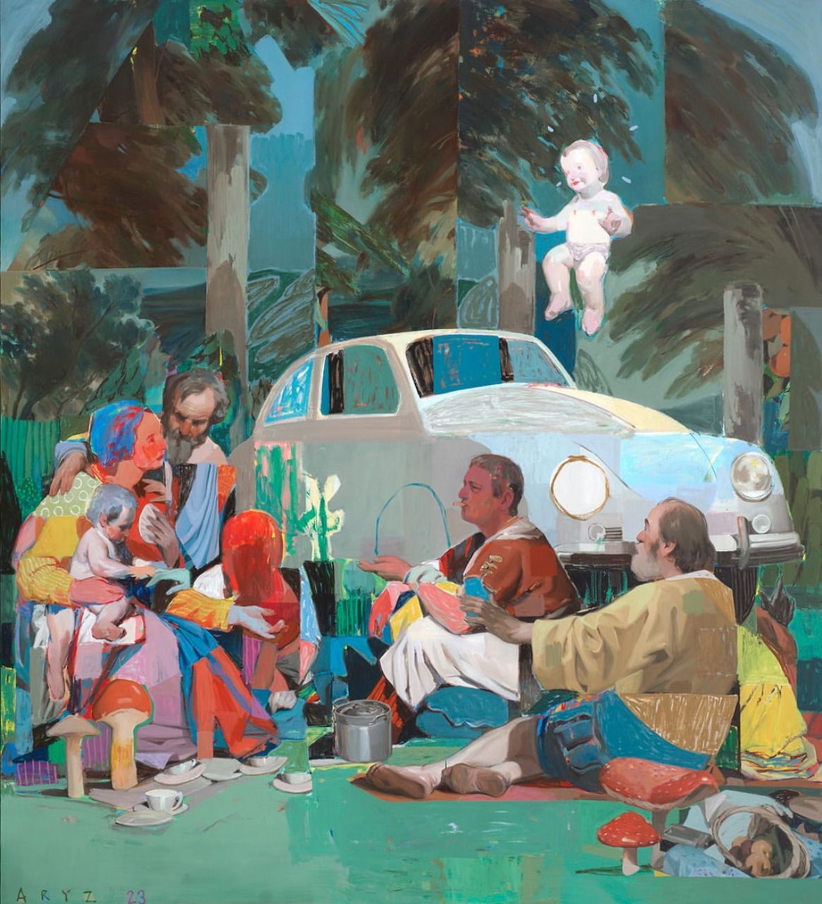 Abstract painting of people sitting outdoors near a white car with trees and a floating baby overhead