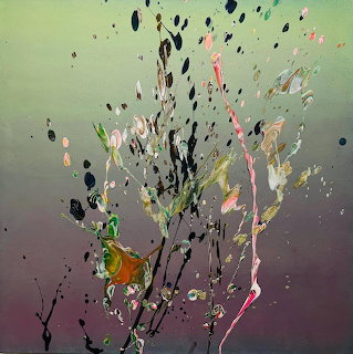 Abstract painting of colorful splashes and drips on a soft green and purple background