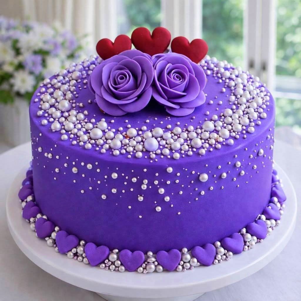 Purple decorated cake with rose flowers, heart toppers, and silver sugar pearls