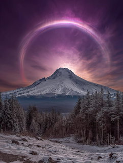 Mount Hood with glowing purple moon halo above snowy peak and forest