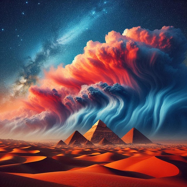 Egyptian pyramids in a red desert under a dramatic swirling blue and orange sky