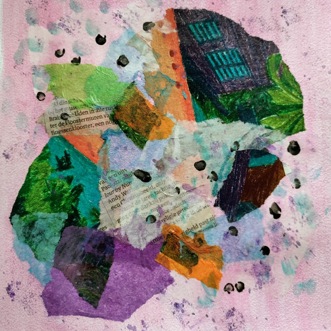 Abstract paper collage with colorful torn shapes and dark scattered marks on a pink background