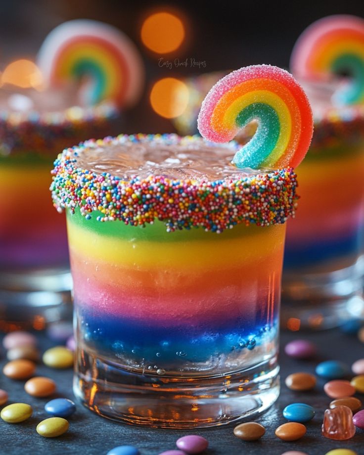 Layered rainbow cocktail with sprinkle rim and rainbow candy garnish, surrounded by colorful candies