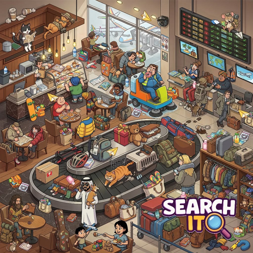 Cartoon illustration of crowded airport terminal with passengers, baggage claim, and departure information displays
