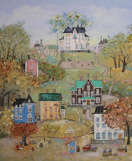 Folk art painting of a quaint village with colorful houses on a hillside surrounded by autumn trees