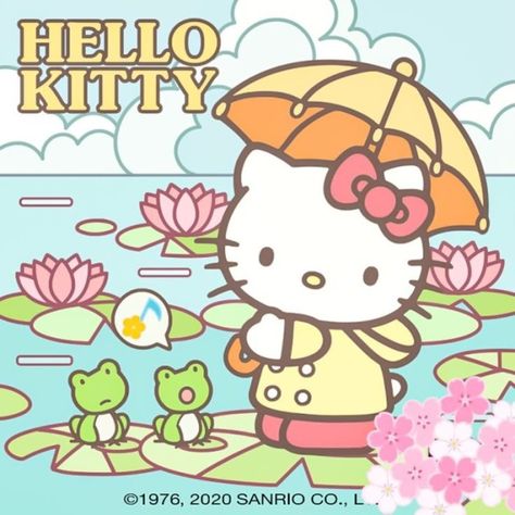 Hello Kitty holding orange umbrella on lily pads with pink lotus flowers and green frogs in cartoon pond scene