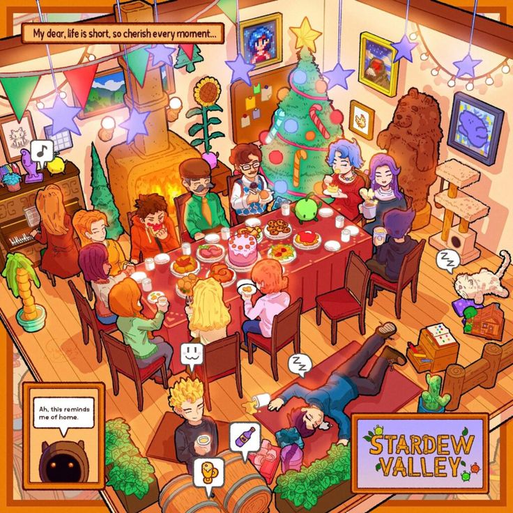Cartoon Stardew Valley characters sharing a festive dinner around a table in a cozy decorated room