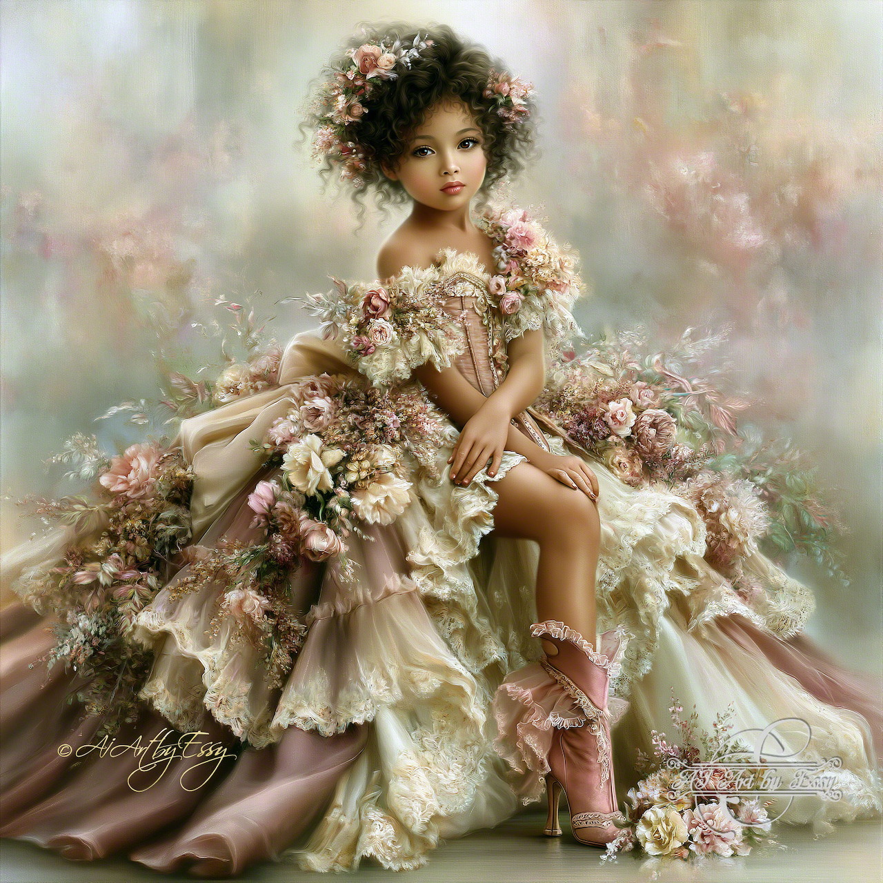 Young girl wearing ornate floral ball gown with pink and cream flowers in ethereal setting