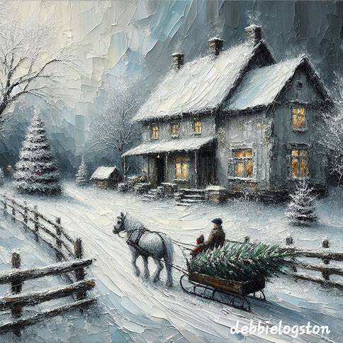 White horse pulling a sleigh with a Christmas tree past a snow-covered farmhouse in winter