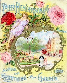 Victorian-era garden catalog cover with roses, cherub, ornamental frame, and pastoral scene