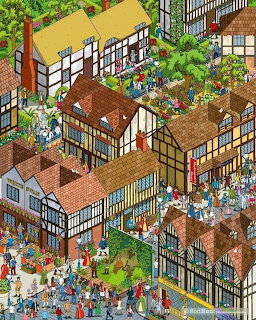 Colorful isometric pixel art showing a medieval village with Tudor-style buildings and busy marketplace crowds