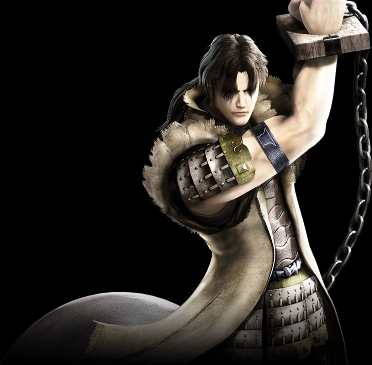 Anime warrior Kuroda Kanbei in armor with raised arm, chain, and curved weapon on a black background
