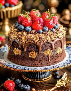 Chocolate layer cake with strawberries, blueberries, and chocolate drip icing on a cake stand