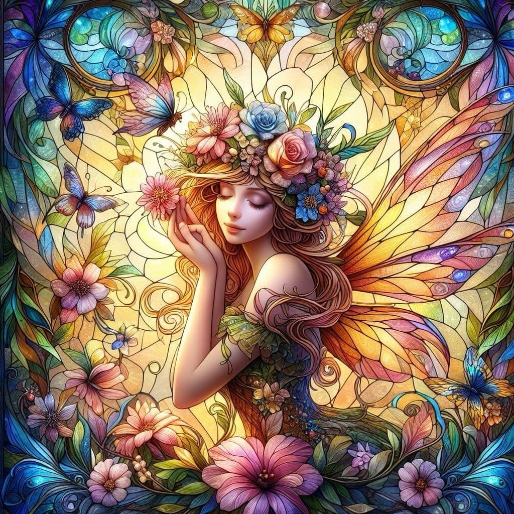 Fantasy fairy with rainbow butterfly wings among flowers in stained-glass style with decorative swirls