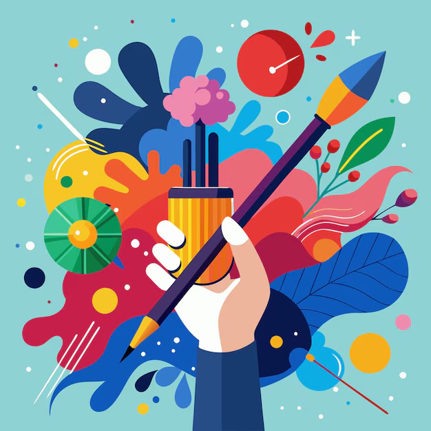 Hand holding paintbrushes with colorful abstract flowers and shapes bursting around it in flat illustration style