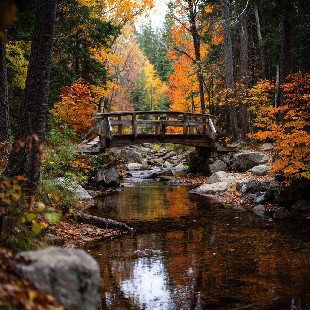 Wooden footbridge crossing a forest stream with autumn leaves and rocks