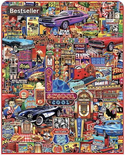 Colorful retro Americana collage with classic cars, motel signs, diners, jukebox, and vintage roadside details